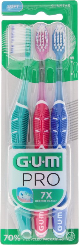 GUM PRO Drievoudige Tandenborstel Trio Pack (Kleur : Water Groen - Roze - Blauw)