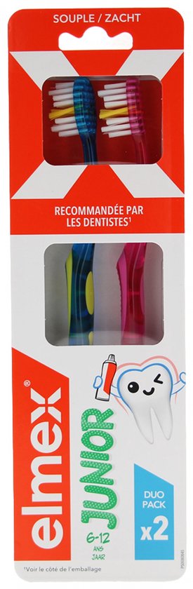 Elmex Junior Zachte Tandenborstels Duo Pack 6-12 Jaar (Kleur : Blauw en roze)