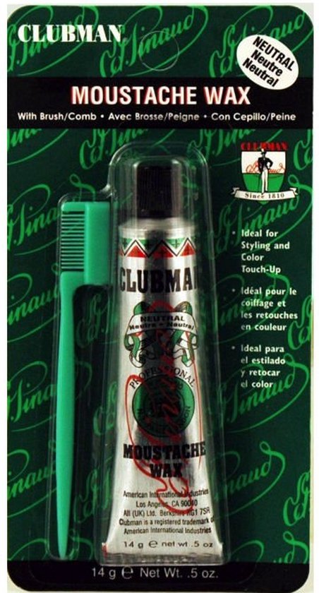 Clubman Pinaud Snorwax Neutraal | Houdt de haren op z'n plek | Perfect voor snorren, baarden, bakkebaarden en wenkbrauwen, Inclusief borstel/kam