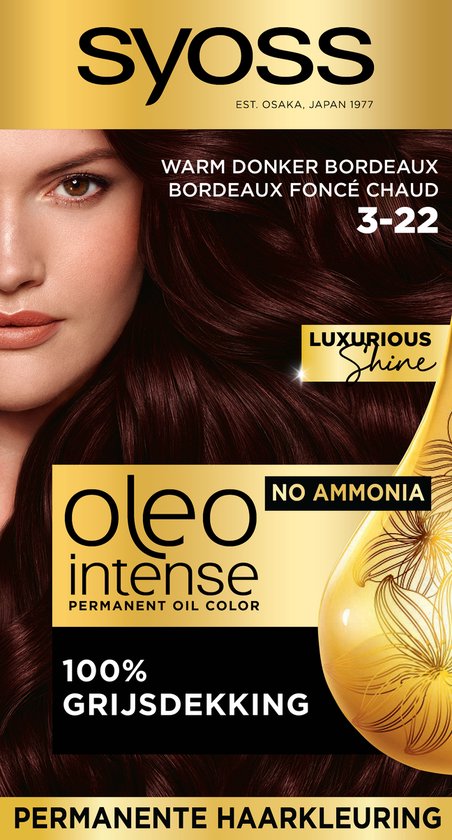Syoss Oleo Intense 3-22 Haarverf - Warm Donker Bordeaux - Permanente Haarkleuring - Ammoniakvrij - Met Voedende Oliën - 100% Grijsdekking - Langdurige Kleur - 1 stuk