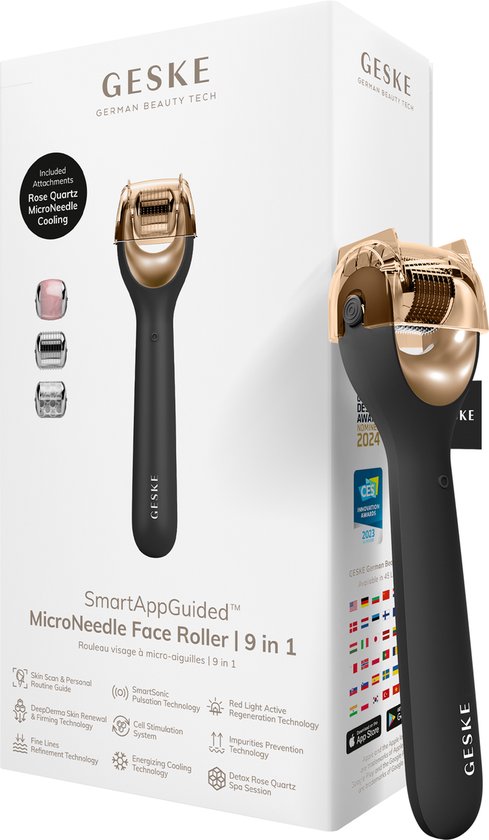GESKE | SmartAppGuided™ MicroNeedle Face Roller | 9 in 1 | met rozenkwarts | Microneedling | Professioneel Microneedling-apparaat | Naaldroller | Schoonheidsrollergezicht | Micronaaldroller