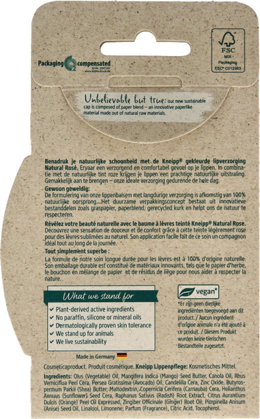 Kneipp gekleurde lippenbalsem - Natural Rose - Natuurlijke roze kleur - Vegan - 1 st