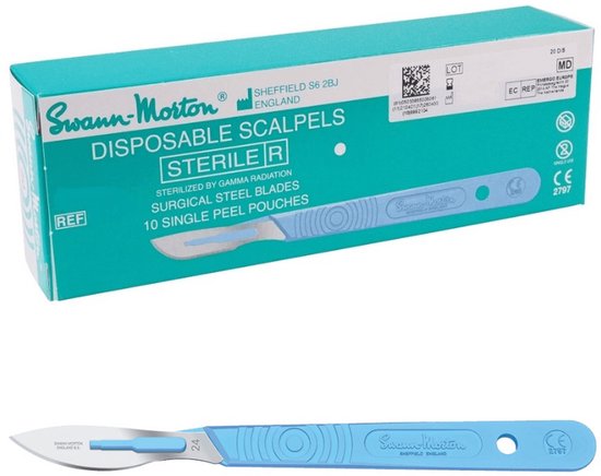 Swann Morton mesjes steriel met handvat Nummer: 24 Swann Morton - Lichtgroen / RVS - Kunststof handvat met RVS mesje - Disposable scalpels - Scalpelmesje inclusief handvat
