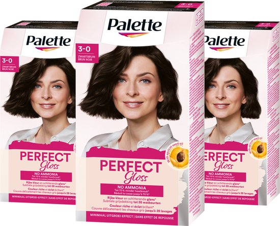 Palette - Perfect Gloss - 3-0 Zwartbruin - Semi-permanente haarverf - Haarkleuring - 3 stuks