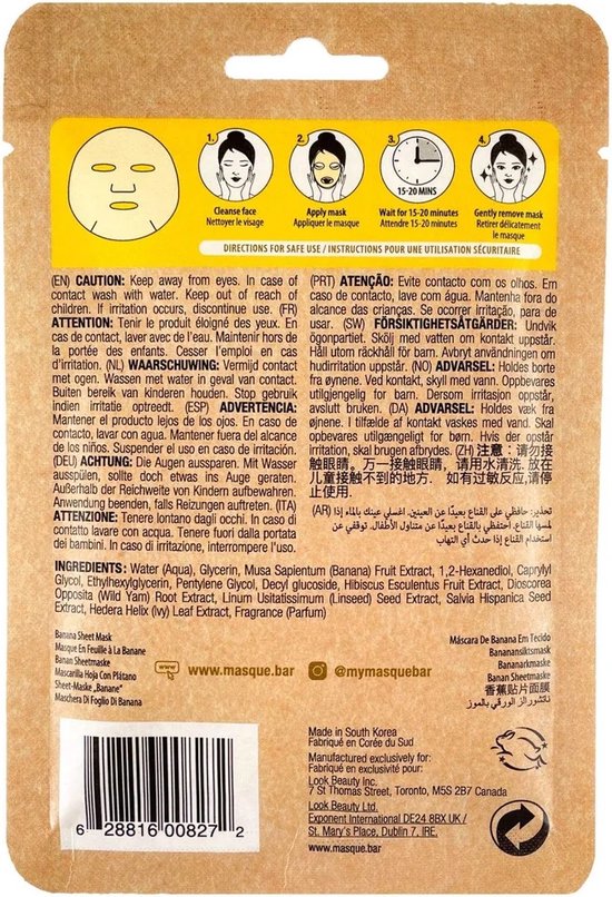 Masque BAR naturals | sheet mask banana | anti-aging, vegan gluten free (gezichtsmasker tissue masker, banaan, made in Korea)