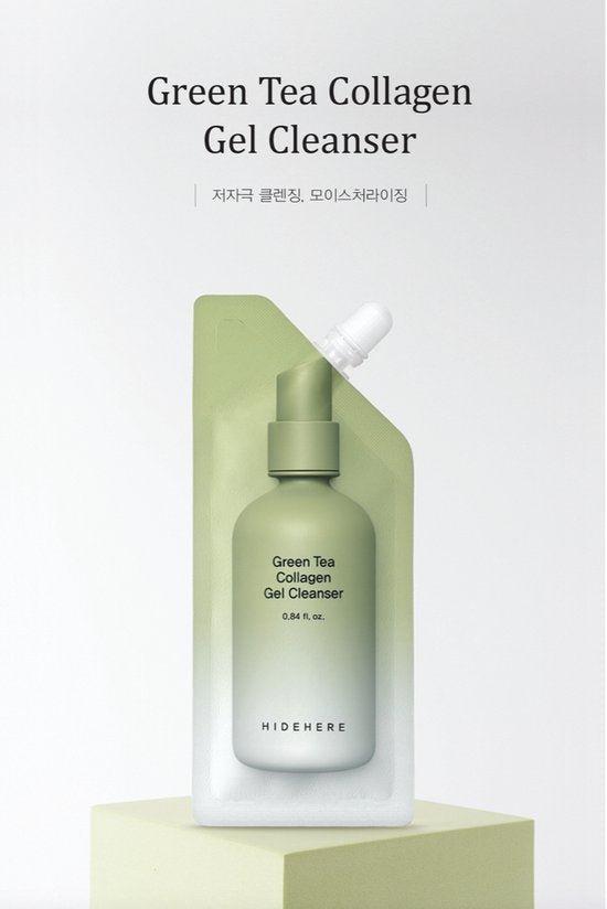 HIDEHERE – Green Tea Collagen Gel Cleanser 25ml – Koreaanse Gezichtsreiniger met Groene Thee & Collageen – Diep Reinigend & Kalmerend – Duurzame, Reisvriendelijke Verpakking