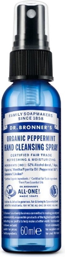 Dr Bronner's Handspray | Pepermunt spray voor handen | 60ml