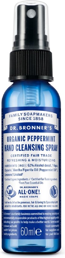 Dr Bronner's Handspray | Pepermunt spray voor handen | 60ml