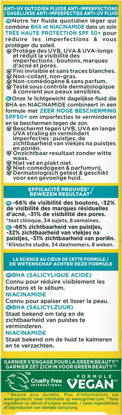 Garnier PureActive BHA + Niacinamide Daily fluid met SPF 50+ tegen onzuiverheden - lichte, matte formule - 40ml