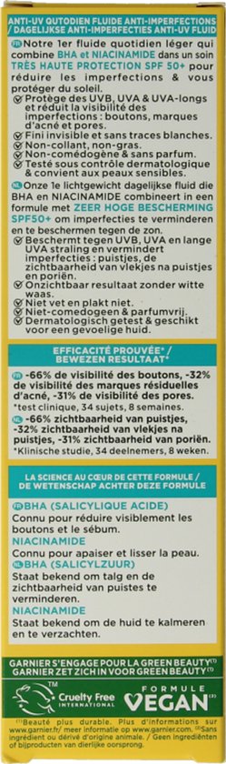 Garnier PureActive BHA + Niacinamide Daily fluid met SPF 50+ tegen onzuiverheden - lichte, matte formule - 40ml