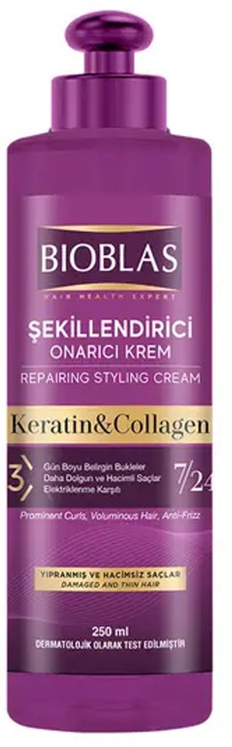 Bioblas Keratine & Collageen styling Crème -Herstellende Haarcrème - Anti Frizz - Voor beschadigd en Fijn Haar - 250 ml