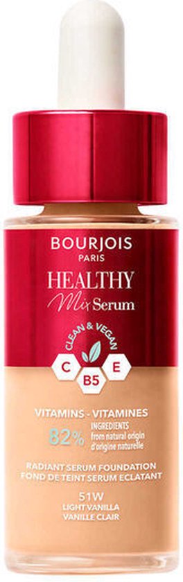 Bourjois Healthy Mix - 51 - Light Vanilla, Serum Foundation, laat de huid onmiddellijk stralen, hydrateert tot 24 uur lang, vegan formule, dauwachtige finish, houdt de hele dag lang, 30 ml