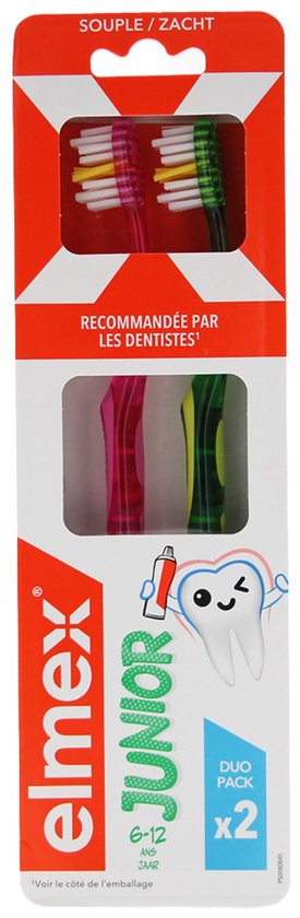 Elmex Junior Zachte Tandenborstels Duo Pack 6-12 Jaar (Kleur : Roze en groen)