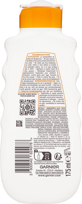 Garnier Ambre Solaire Hydra 24H Protect Lotion Zonnebrandcrème SPF 50+ 175ml - Niet vet - waterresistent – Vitamine Cg - Beschermt en hydrateert