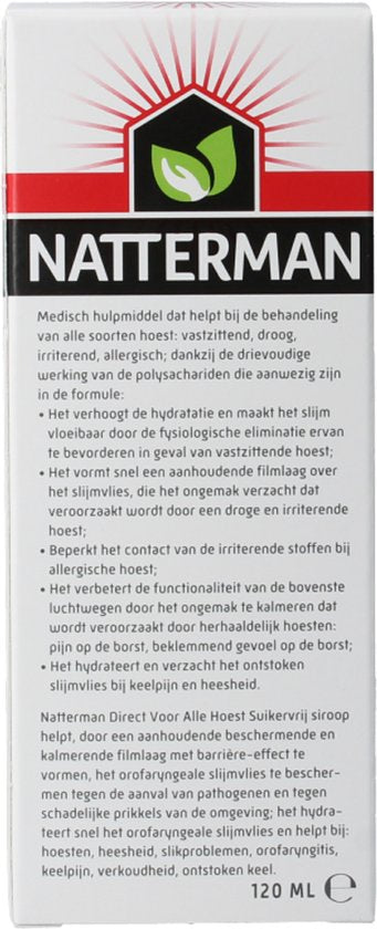 Natterman Direct Voor Alle Hoest Siroop - Voor droge, vastzittende hoest en keelpijn - Suikervrij - Vanaf 3 jaar - Medisch hulpmiddel - 120 ml