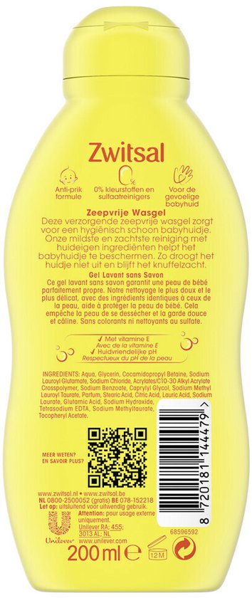 Zwitsal Zeepvrije Wasgel - Baby - met ingrediënten van natuurlijke oorsprong zonder SLES-sulfaat - 200 ml