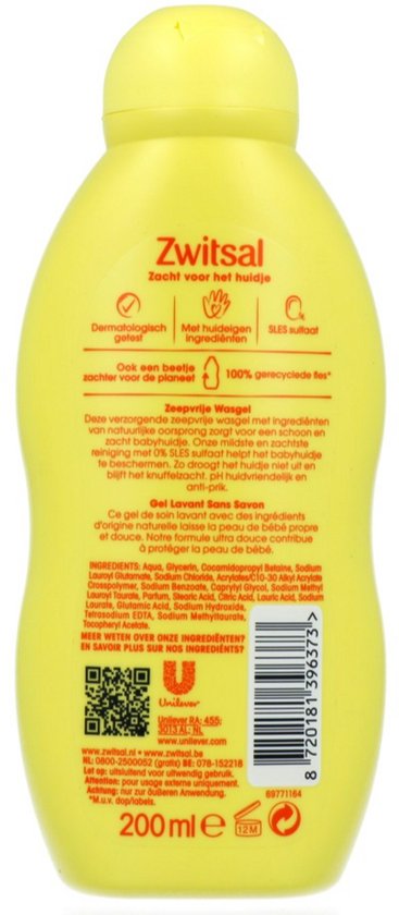 Zwitsal Zeepvrije Wasgel - Baby - met ingrediënten van natuurlijke oorsprong zonder SLES-sulfaat - 200 ml