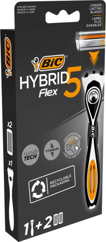 BIC scheermesjes - Hybrid 5 Flex Scheersysteem voor Mannen - Precisietrimmer en 5 beweeglijke Titanium Mesjes - scheerapparaat met 2 navulmesjes