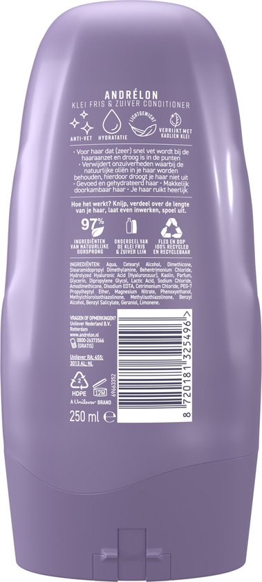 Andrélon Conditioner - Klei Fris & Zuiver - verrijkt met kaolienklei - 6 x 250 ml - Voordeelverpakking