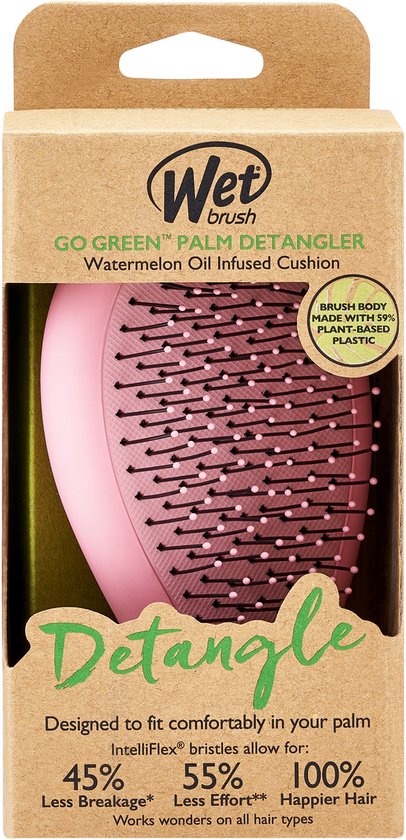 WetBrush Go Green Palm Detangler - Watermelon Oil - Compacte Ontwarrende Haarborstel - Voor Nat En Droog Haar - Ultra Zachte IntelliFlex® Borstelharen - Vermindert Haarbreuk - Lichtgewicht & Handzaam Formaat - Verrijkt Met Watermeloen Olie - Roze
