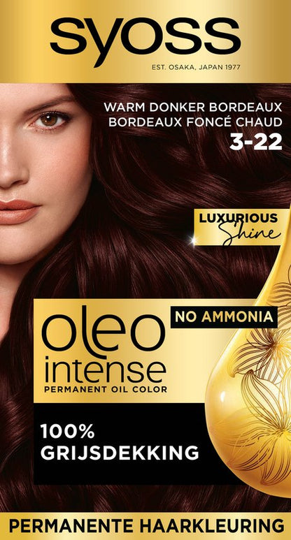 Syoss Oleo Intense 3-22 Haarverf - Warm Donker Bordeaux - Permanente Haarkleuring - Ammoniakvrij - Met Voedende Oliën - 100% Grijsdekking - Langdurige Kleur - 1 stuk