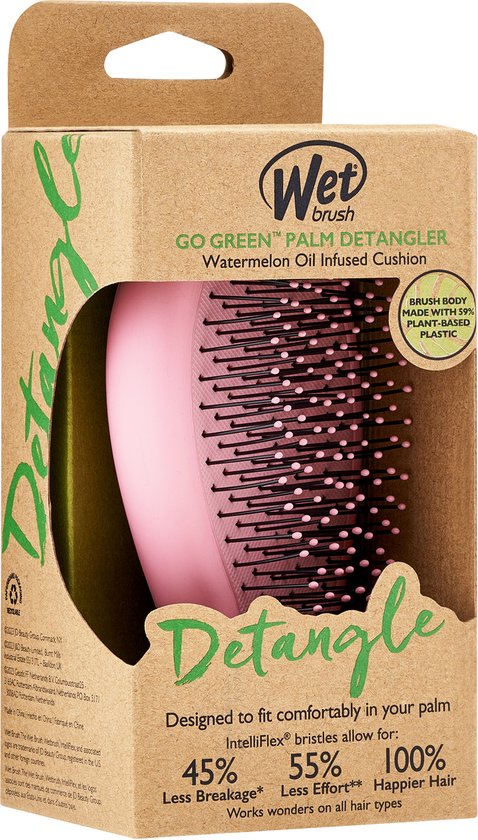 WetBrush Go Green Palm Detangler - Watermelon Oil - Compacte Ontwarrende Haarborstel - Voor Nat En Droog Haar - Ultra Zachte IntelliFlex® Borstelharen - Vermindert Haarbreuk - Lichtgewicht & Handzaam Formaat - Verrijkt Met Watermeloen Olie - Roze