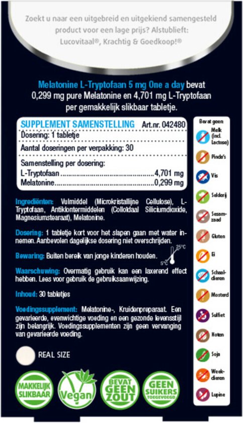 Lucovitaal Melatonine L-Tryptofaan 5mg One a Day Voedingssupplement - 30 tabletten