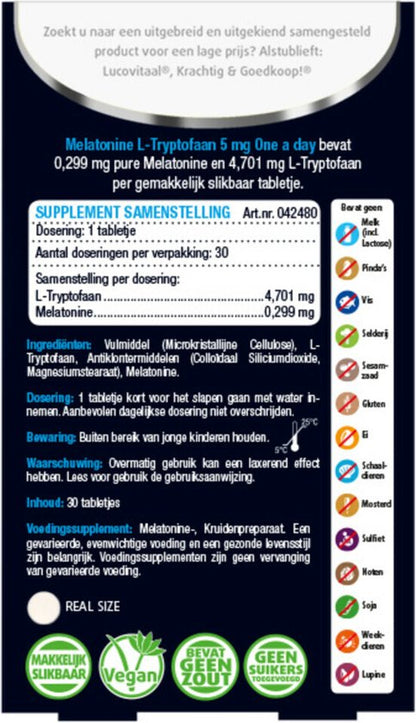 Lucovitaal Melatonine L-Tryptofaan 5mg One a Day Voedingssupplement - 30 tabletten