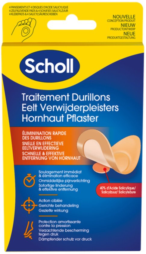 Scholl Eelt Verwijderpleisters 4 stuks - 40% Salicylzuur - Met zacht kussentje ter bescherming - Dermatologisch geteste lijm