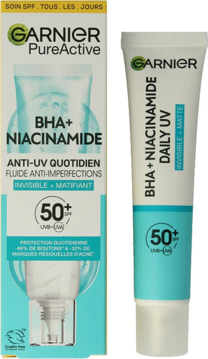 Garnier PureActive BHA + Niacinamide Daily fluid met SPF 50+ tegen onzuiverheden - lichte, matte formule - 40ml