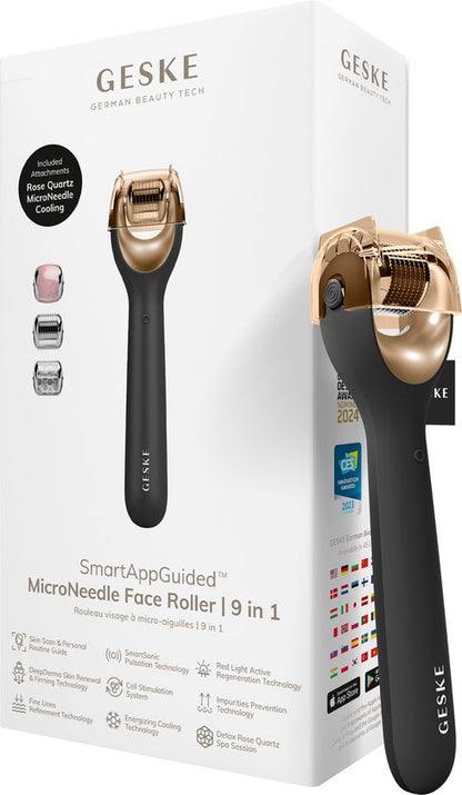 GESKE | SmartAppGuided™ MicroNeedle Face Roller | 9 in 1 | met rozenkwarts | Microneedling | Professioneel Microneedling-apparaat | Naaldroller | Schoonheidsrollergezicht | Micronaaldroller