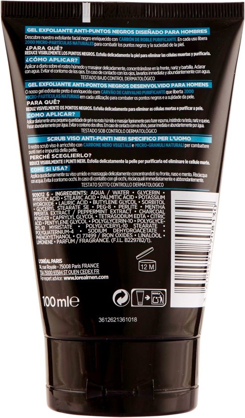 Gezicht Exfoliator Pure Charcoal L'Oreal Make Up Men Expert (100 ml) 100 ml