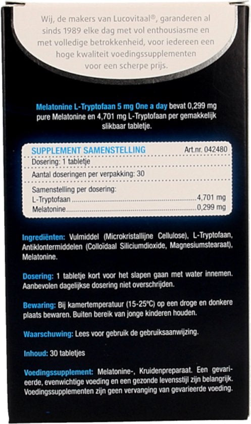 Lucovitaal Melatonine L-Tryptofaan 5mg One a Day Voedingssupplement - 30 tabletten