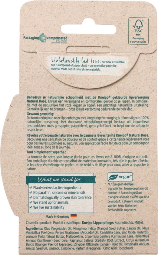 Kneipp gekleurde lippenbalsem - Natural Rose - Natuurlijke roze kleur - Vegan - 1 st