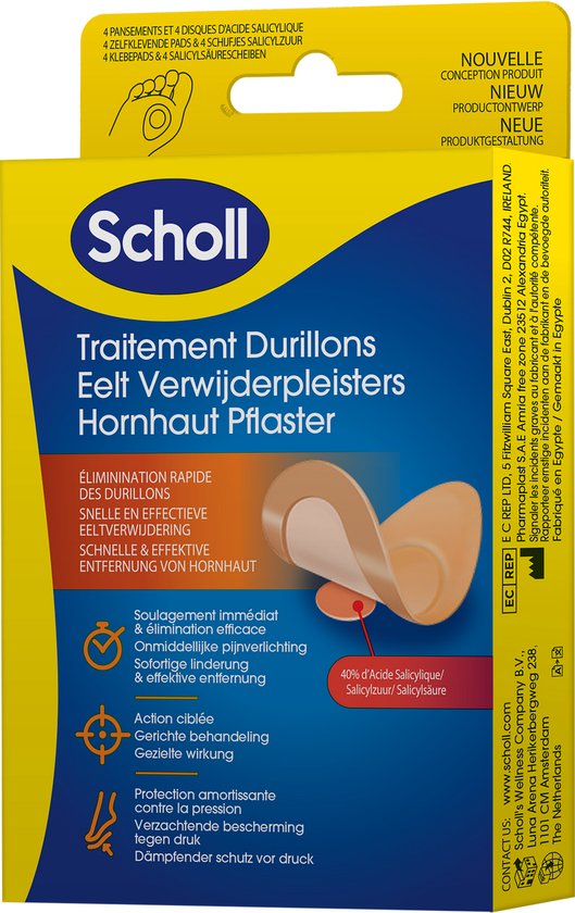 Scholl Eelt Verwijderpleisters 4 stuks - 40% Salicylzuur - Met zacht kussentje ter bescherming - Dermatologisch geteste lijm