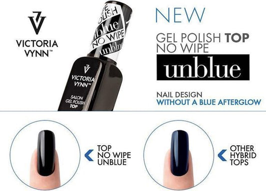 Victoria Vynn™ Gellak Topcoat No Wipe Unblue 8 ml. - Topcoat zonder plaklaag - Jouw donkere kleur behoudt zijn werkelijke kleur - Geen paarse gloed meer- MET UV Filter!