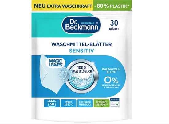 Dr. Beckmann Magic Leaves - Sensitive - 25 Wasmiddelbladen - Zonder parfum - 25 Wasbeurten - Magische bladeren - Voorgedoseerd, praktisch en licht - 100% oplosbaar in water