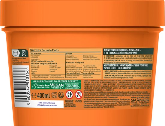 Garnier Fructis Hair Food Papaya 3-in-1 Herstellend Haarmasker - Beschadigd Haar - 400ml
