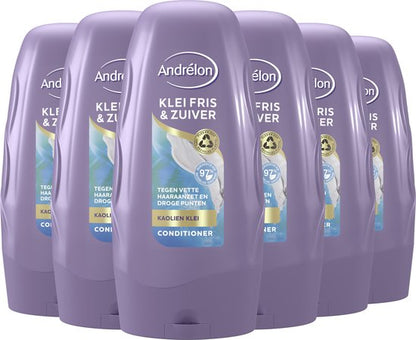 Andrélon Conditioner - Klei Fris & Zuiver - verrijkt met kaolienklei - 6 x 250 ml - Voordeelverpakking