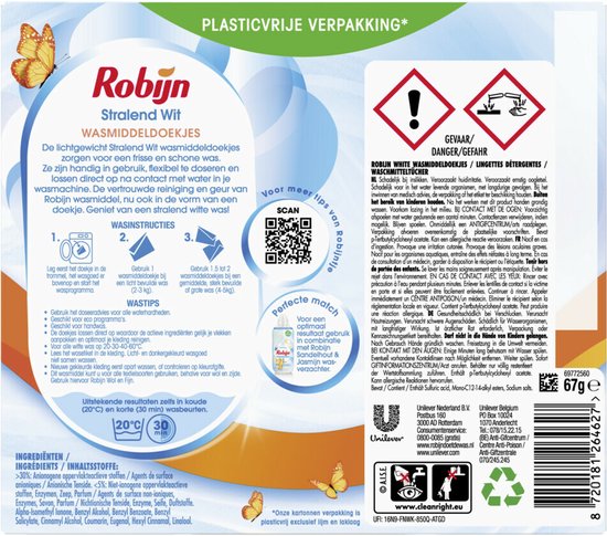 Robijn Classics Stralend Wit Wasmiddeldoekjes 16 wasstrips