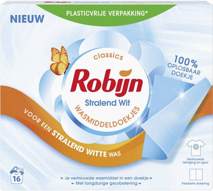 Robijn Classics Stralend Wit Wasmiddeldoekjes 16 wasstrips