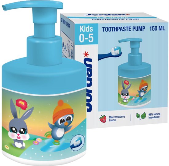 Jordan Junior - Kindertandpasta met Pomp - 0-5 jaar - Aardbeiensmaak - 98% natuurlijke ingrediënten - 1000ppm fluoride (150ml)