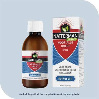 Natterman Direct Voor Alle Hoest Siroop - Voor droge, vastzittende hoest en keelpijn - Suikervrij - Vanaf 3 jaar - Medisch hulpmiddel - 120 ml