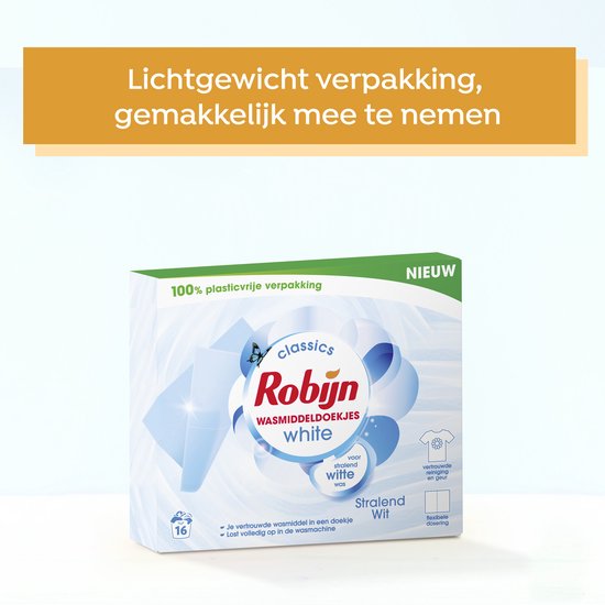 Robijn Classics Stralend Wit Wasmiddeldoekjes 16 wasstrips