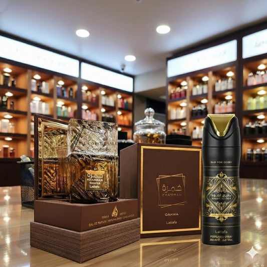 Lattafa Khamrah Qahwa 100ml and Lattafa Badee Al Oud Deodorant Spray 200ml (Origineel)