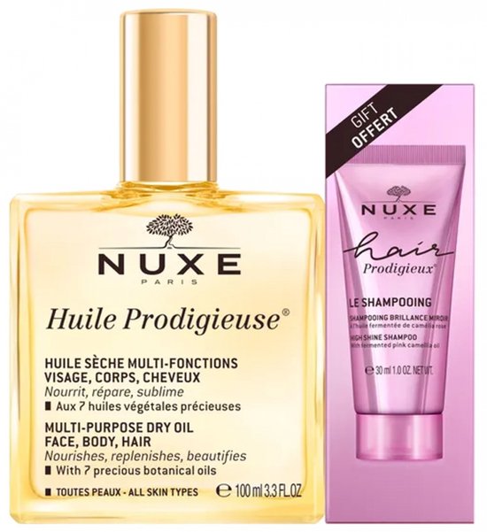 Nuxe Huile Prodigieuse 100 ml + Haar Prodigieux Le Shampoing Brillance Miroir 30 ml Gratis