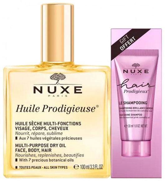 Nuxe Huile Prodigieuse 100 ml + Haar Prodigieux Le Shampoing Brillance Miroir 30 ml Gratis