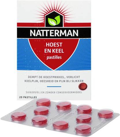 Natterman Hoest en Keel pastilles - Dempt de hoestprikkel - Verlicht keelpijn, heesheid en pijn bij slikken - Suikervrij - Anti-hoestmiddel - Medisch hulpmiddel - Vanaf 6 jaar - 20 pastilles