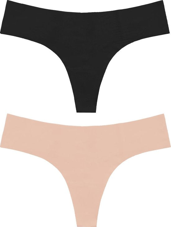 Bye Bra Onzichtbare String, naadloos ondergoed dames, string, seamless string, seamless ondergoed dames 2 Pack - Beige/Zwart, XL