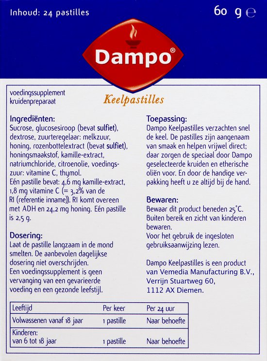 Dampo Keelpastilles - Verzachten de keel dankzij kamille extract - Vitamine C - Lekkere zachte honingsmaak - 24 pastilles